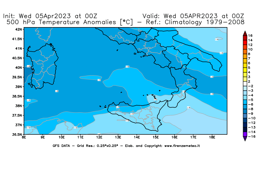 GFS analysi map - Temperature Anomalies [°C] at 500 hPa in Southern Italy
									on 05/04/2023 00 <!--googleoff: index-->UTC<!--googleon: index-->