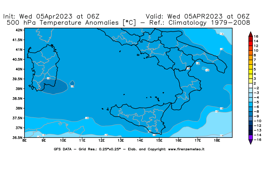 GFS analysi map - Temperature Anomalies [°C] at 500 hPa in Southern Italy
									on 05/04/2023 06 <!--googleoff: index-->UTC<!--googleon: index-->