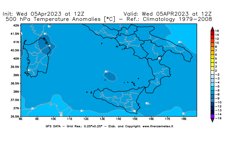GFS analysi map - Temperature Anomalies [°C] at 500 hPa in Southern Italy
									on 05/04/2023 12 <!--googleoff: index-->UTC<!--googleon: index-->