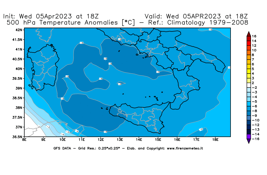 GFS analysi map - Temperature Anomalies [°C] at 500 hPa in Southern Italy
									on 05/04/2023 18 <!--googleoff: index-->UTC<!--googleon: index-->