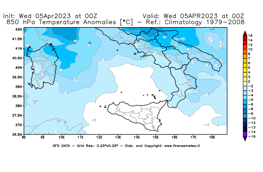 GFS analysi map - Temperature Anomalies [°C] at 850 hPa in Southern Italy
									on 05/04/2023 00 <!--googleoff: index-->UTC<!--googleon: index-->