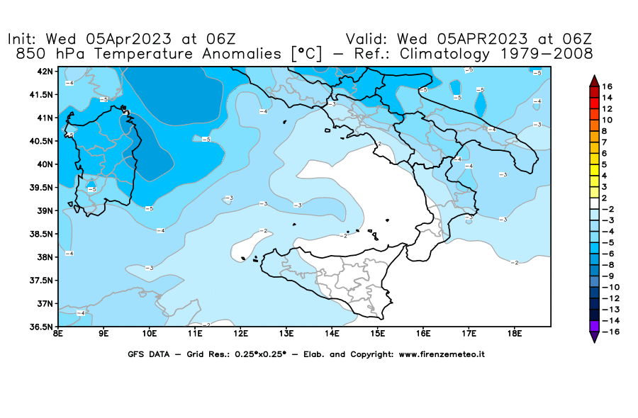 GFS analysi map - Temperature Anomalies [°C] at 850 hPa in Southern Italy
									on 05/04/2023 06 <!--googleoff: index-->UTC<!--googleon: index-->