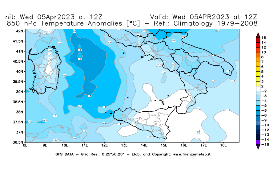 GFS analysi map - Temperature Anomalies [°C] at 850 hPa in Southern Italy
									on 05/04/2023 12 <!--googleoff: index-->UTC<!--googleon: index-->