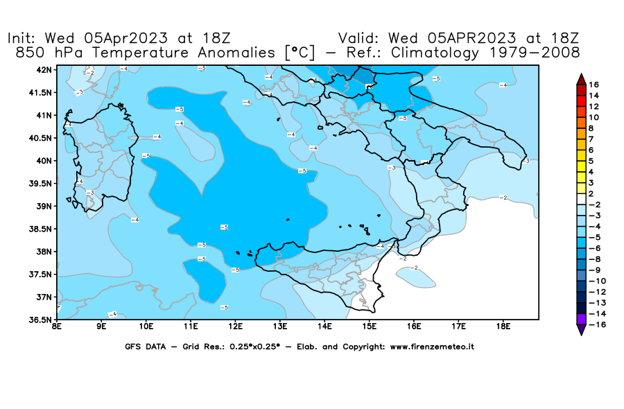 GFS analysi map - Temperature Anomalies [°C] at 850 hPa in Southern Italy
									on 05/04/2023 18 <!--googleoff: index-->UTC<!--googleon: index-->