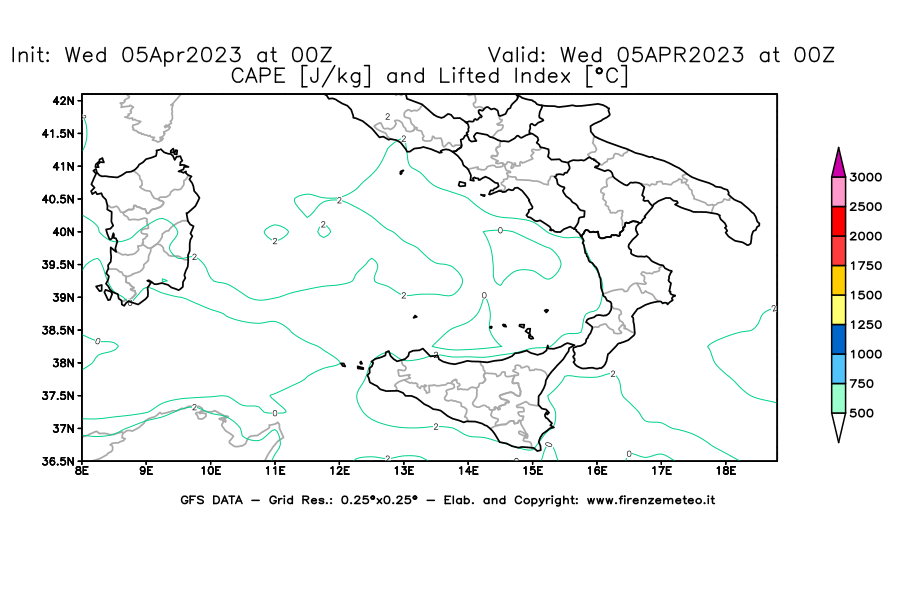 GFS analysi map - CAPE [J/kg] and Lifted Index [°C] in Southern Italy
									on 05/04/2023 00 <!--googleoff: index-->UTC<!--googleon: index-->