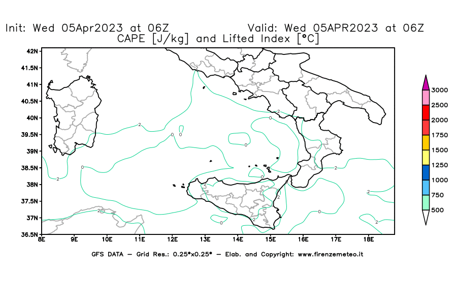 GFS analysi map - CAPE [J/kg] and Lifted Index [°C] in Southern Italy
									on 05/04/2023 06 <!--googleoff: index-->UTC<!--googleon: index-->