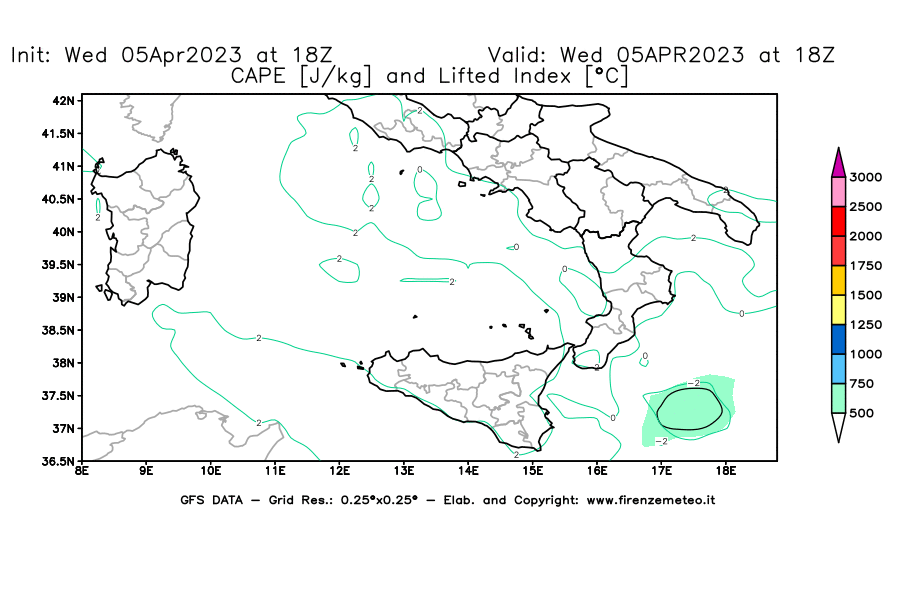 GFS analysi map - CAPE [J/kg] and Lifted Index [°C] in Southern Italy
									on 05/04/2023 18 <!--googleoff: index-->UTC<!--googleon: index-->