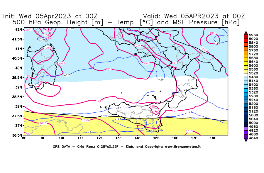 GFS analysi map - Geopotential [m] + Temp. [°C] at 500 hPa + Sea Level Pressure [hPa] in Southern Italy
									on 05/04/2023 00 <!--googleoff: index-->UTC<!--googleon: index-->