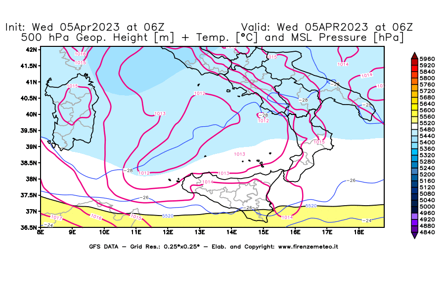 GFS analysi map - Geopotential [m] + Temp. [°C] at 500 hPa + Sea Level Pressure [hPa] in Southern Italy
									on 05/04/2023 06 <!--googleoff: index-->UTC<!--googleon: index-->