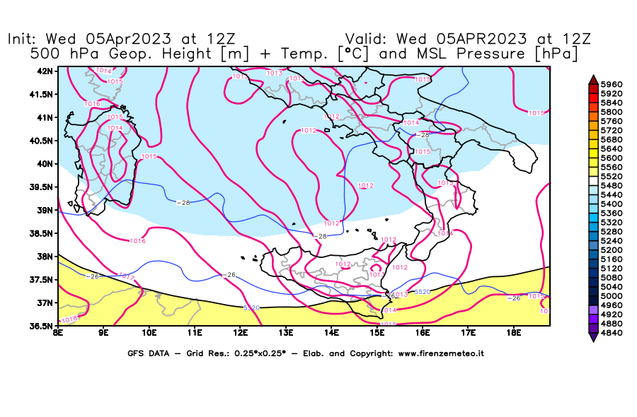 GFS analysi map - Geopotential [m] + Temp. [°C] at 500 hPa + Sea Level Pressure [hPa] in Southern Italy
									on 05/04/2023 12 <!--googleoff: index-->UTC<!--googleon: index-->