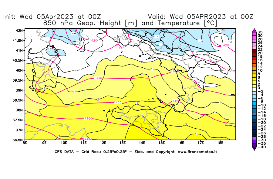 GFS analysi map - Geopotential [m] and Temperature [°C] at 850 hPa in Southern Italy
									on 05/04/2023 00 <!--googleoff: index-->UTC<!--googleon: index-->
