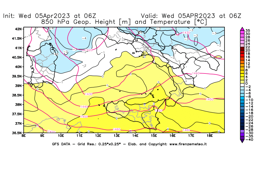 GFS analysi map - Geopotential [m] and Temperature [°C] at 850 hPa in Southern Italy
									on 05/04/2023 06 <!--googleoff: index-->UTC<!--googleon: index-->