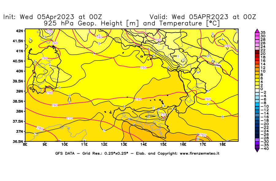 GFS analysi map - Geopotential [m] and Temperature [°C] at 925 hPa in Southern Italy
									on 05/04/2023 00 <!--googleoff: index-->UTC<!--googleon: index-->