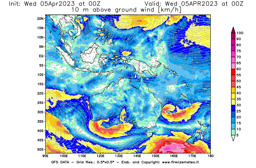 GFS analysi map - Wind Speed at 10 m above ground [km/h] in Oceania
									on 05/04/2023 00 <!--googleoff: index-->UTC<!--googleon: index-->