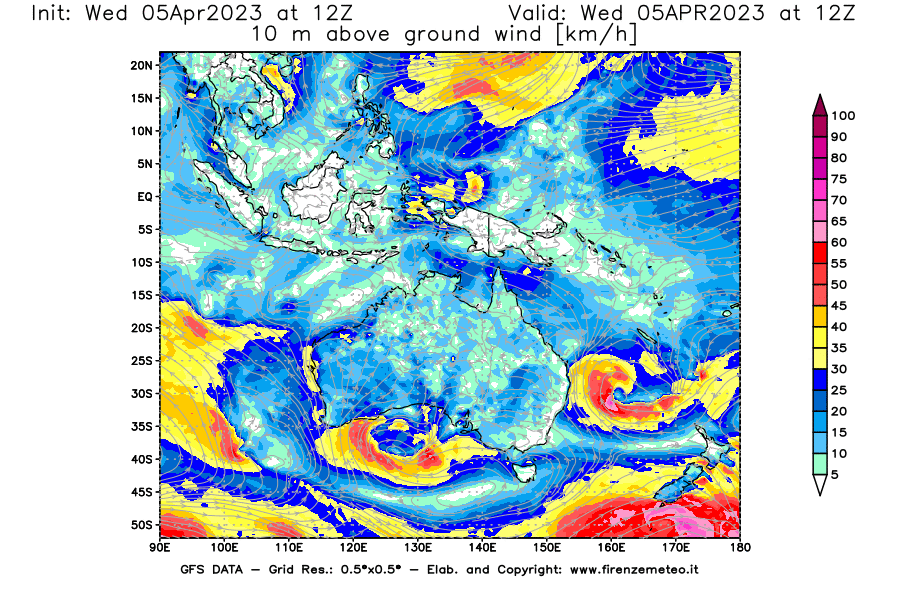 GFS analysi map - Wind Speed at 10 m above ground [km/h] in Oceania
									on 05/04/2023 12 <!--googleoff: index-->UTC<!--googleon: index-->