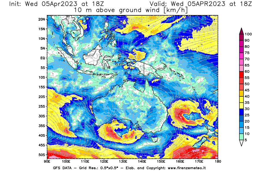 GFS analysi map - Wind Speed at 10 m above ground [km/h] in Oceania
									on 05/04/2023 18 <!--googleoff: index-->UTC<!--googleon: index-->