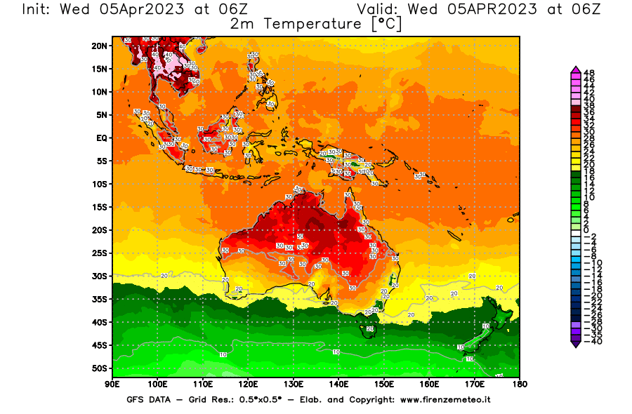GFS analysi map - Temperature at 2 m above ground [°C] in Oceania
									on 05/04/2023 06 <!--googleoff: index-->UTC<!--googleon: index-->