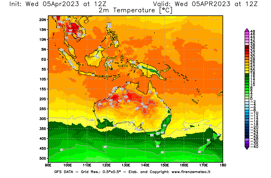 GFS analysi map - Temperature at 2 m above ground [°C] in Oceania
									on 05/04/2023 12 <!--googleoff: index-->UTC<!--googleon: index-->