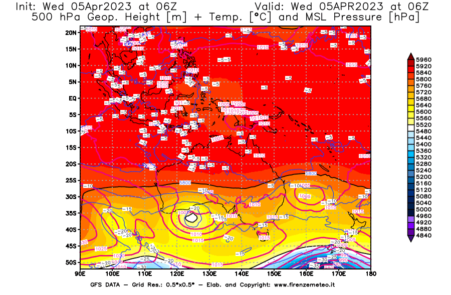 GFS analysi map - Geopotential [m] + Temp. [°C] at 500 hPa + Sea Level Pressure [hPa] in Oceania
									on 05/04/2023 06 <!--googleoff: index-->UTC<!--googleon: index-->