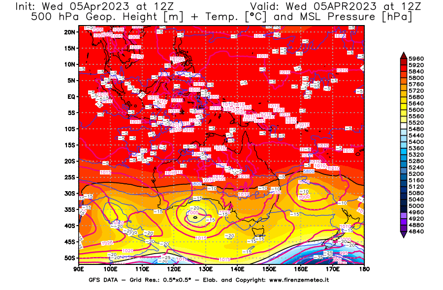 GFS analysi map - Geopotential [m] + Temp. [°C] at 500 hPa + Sea Level Pressure [hPa] in Oceania
									on 05/04/2023 12 <!--googleoff: index-->UTC<!--googleon: index-->