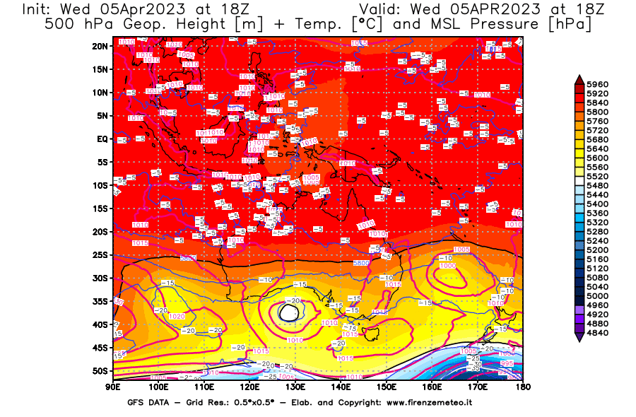 GFS analysi map - Geopotential [m] + Temp. [°C] at 500 hPa + Sea Level Pressure [hPa] in Oceania
									on 05/04/2023 18 <!--googleoff: index-->UTC<!--googleon: index-->