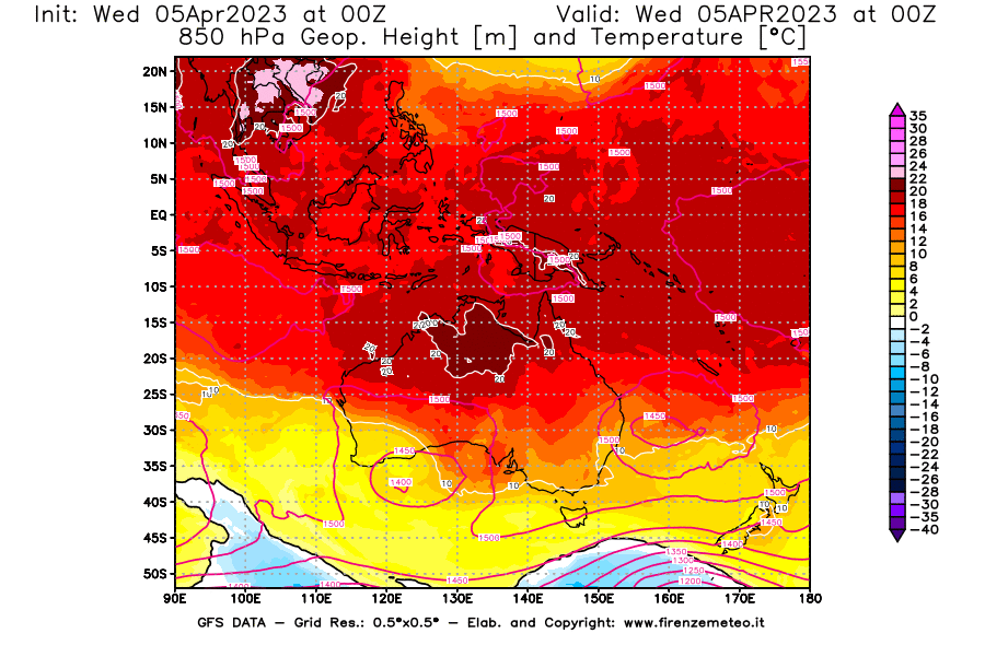 GFS analysi map - Geopotential [m] and Temperature [°C] at 850 hPa in Oceania
									on 05/04/2023 00 <!--googleoff: index-->UTC<!--googleon: index-->