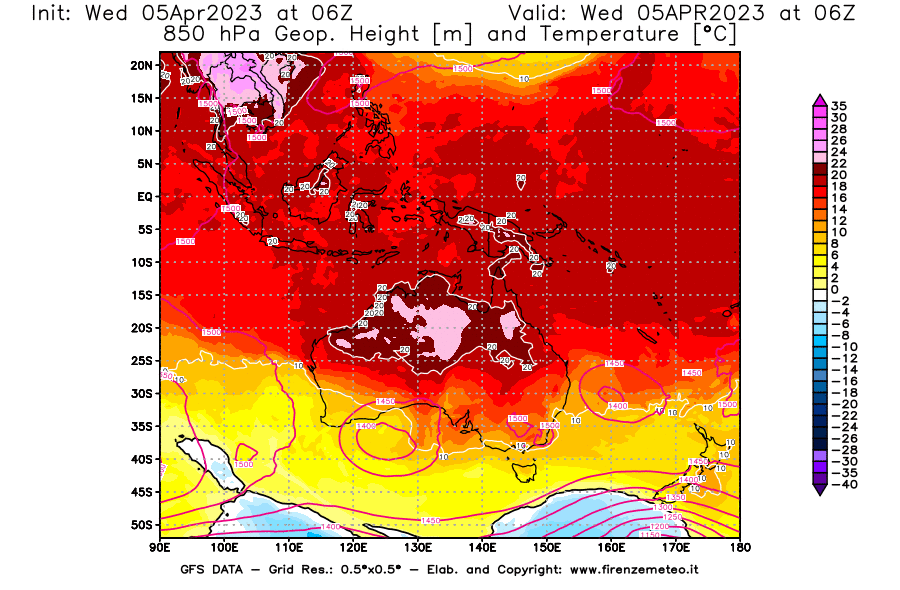 GFS analysi map - Geopotential [m] and Temperature [°C] at 850 hPa in Oceania
									on 05/04/2023 06 <!--googleoff: index-->UTC<!--googleon: index-->