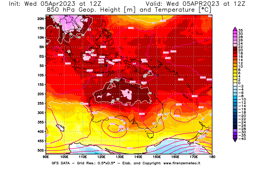 GFS analysi map - Geopotential [m] and Temperature [°C] at 850 hPa in Oceania
									on 05/04/2023 12 <!--googleoff: index-->UTC<!--googleon: index-->