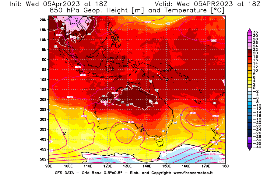 GFS analysi map - Geopotential [m] and Temperature [°C] at 850 hPa in Oceania
									on 05/04/2023 18 <!--googleoff: index-->UTC<!--googleon: index-->