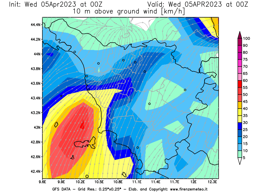 GFS analysi map - Wind Speed at 10 m above ground [km/h] in Tuscany
									on 05/04/2023 00 <!--googleoff: index-->UTC<!--googleon: index-->