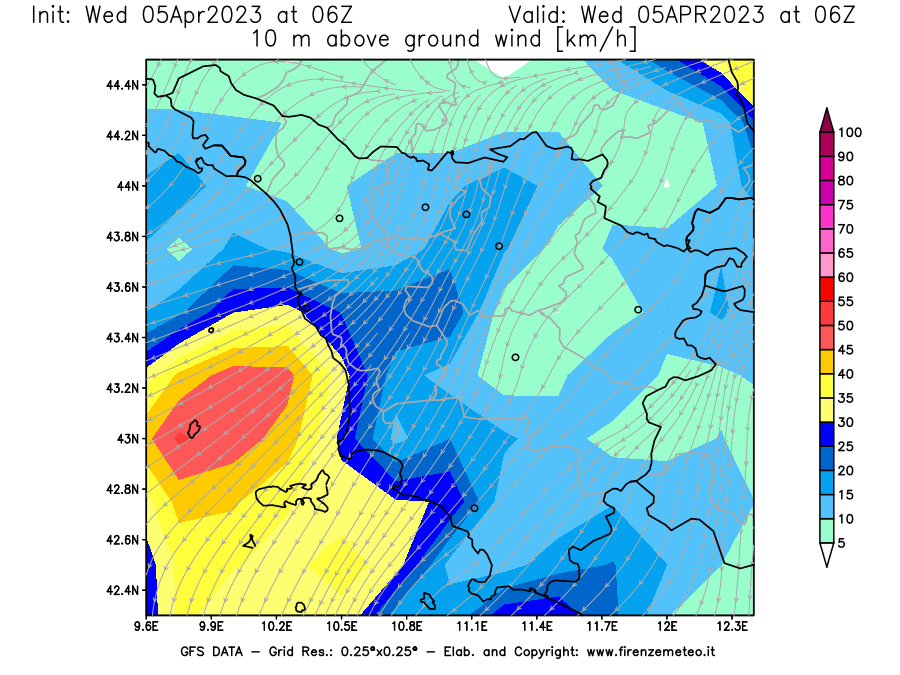 GFS analysi map - Wind Speed at 10 m above ground [km/h] in Tuscany
									on 05/04/2023 06 <!--googleoff: index-->UTC<!--googleon: index-->