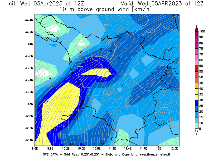 GFS analysi map - Wind Speed at 10 m above ground [km/h] in Tuscany
									on 05/04/2023 12 <!--googleoff: index-->UTC<!--googleon: index-->