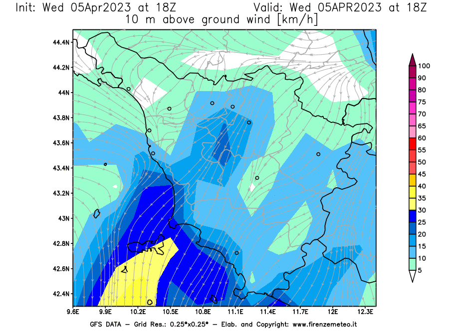 GFS analysi map - Wind Speed at 10 m above ground [km/h] in Tuscany
									on 05/04/2023 18 <!--googleoff: index-->UTC<!--googleon: index-->