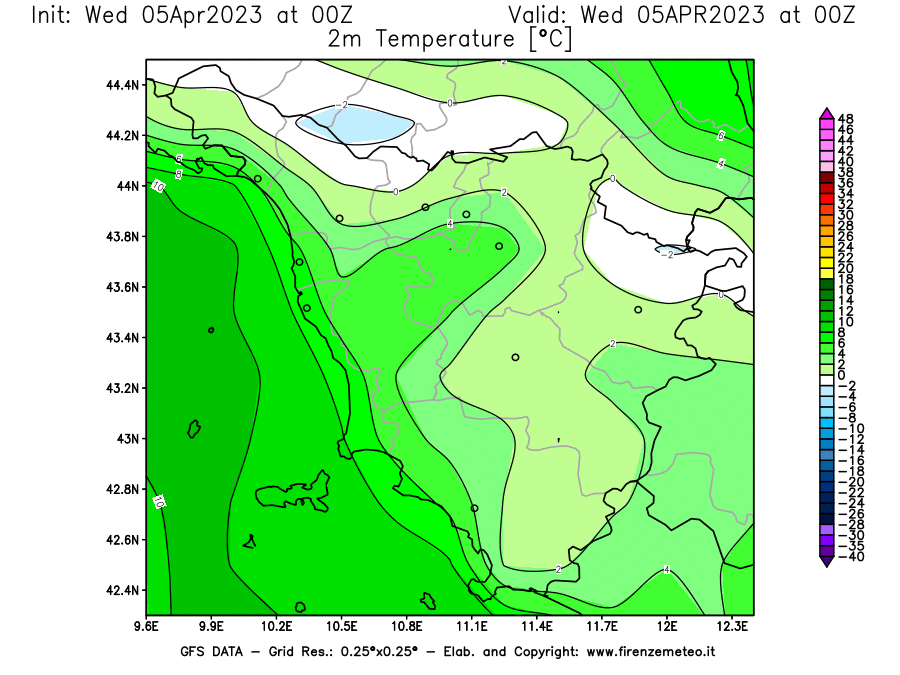 GFS analysi map - Temperature at 2 m above ground [°C] in Tuscany
									on 05/04/2023 00 <!--googleoff: index-->UTC<!--googleon: index-->
