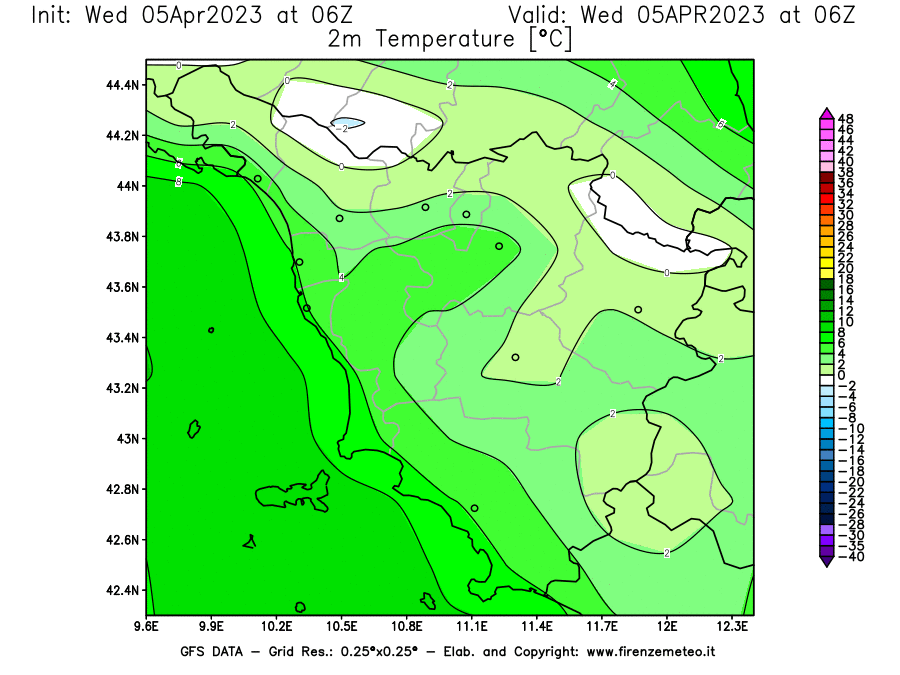 GFS analysi map - Temperature at 2 m above ground [°C] in Tuscany
									on 05/04/2023 06 <!--googleoff: index-->UTC<!--googleon: index-->