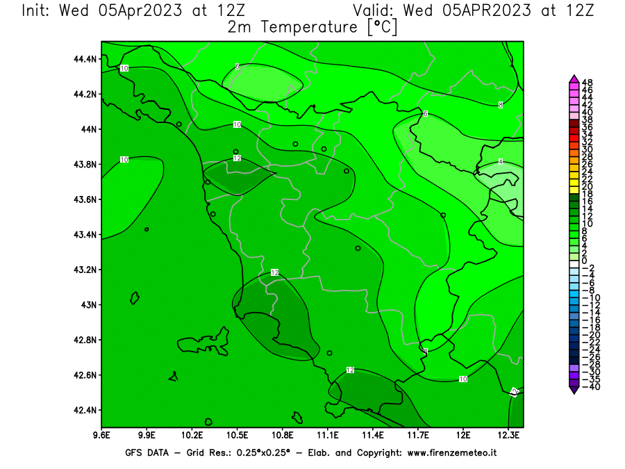 GFS analysi map - Temperature at 2 m above ground [°C] in Tuscany
									on 05/04/2023 12 <!--googleoff: index-->UTC<!--googleon: index-->