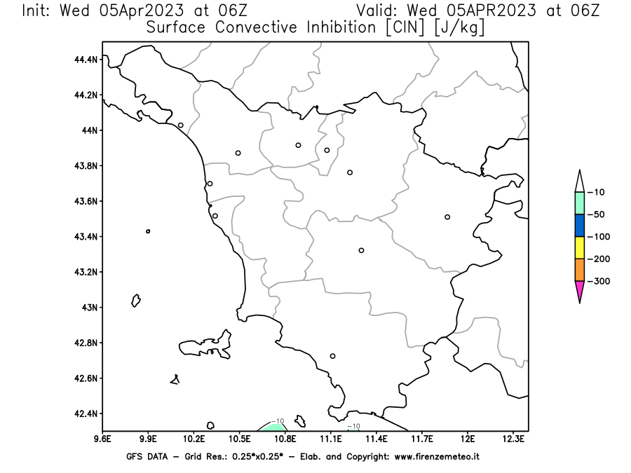 GFS analysi map - CIN [J/kg] in Tuscany
									on 05/04/2023 06 <!--googleoff: index-->UTC<!--googleon: index-->
