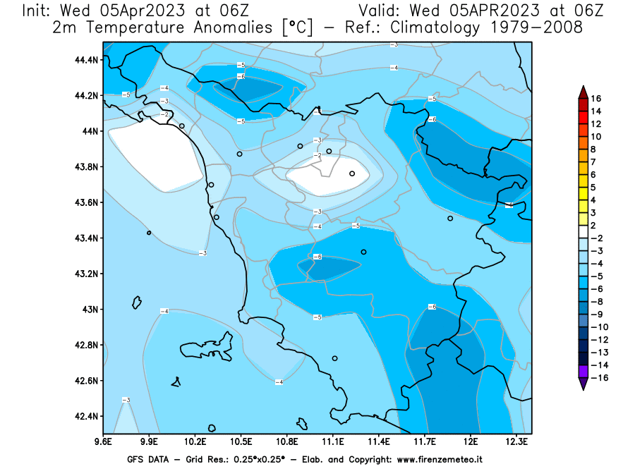 GFS analysi map - Temperature Anomalies [°C] at 2 m in Tuscany
									on 05/04/2023 06 <!--googleoff: index-->UTC<!--googleon: index-->