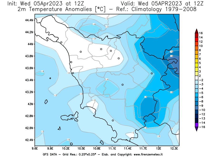 GFS analysi map - Temperature Anomalies [°C] at 2 m in Tuscany
									on 05/04/2023 12 <!--googleoff: index-->UTC<!--googleon: index-->