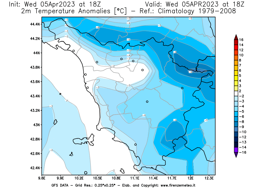GFS analysi map - Temperature Anomalies [°C] at 2 m in Tuscany
									on 05/04/2023 18 <!--googleoff: index-->UTC<!--googleon: index-->