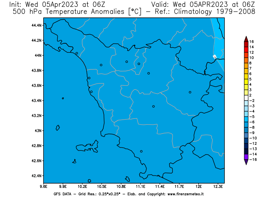 GFS analysi map - Temperature Anomalies [°C] at 500 hPa in Tuscany
									on 05/04/2023 06 <!--googleoff: index-->UTC<!--googleon: index-->
