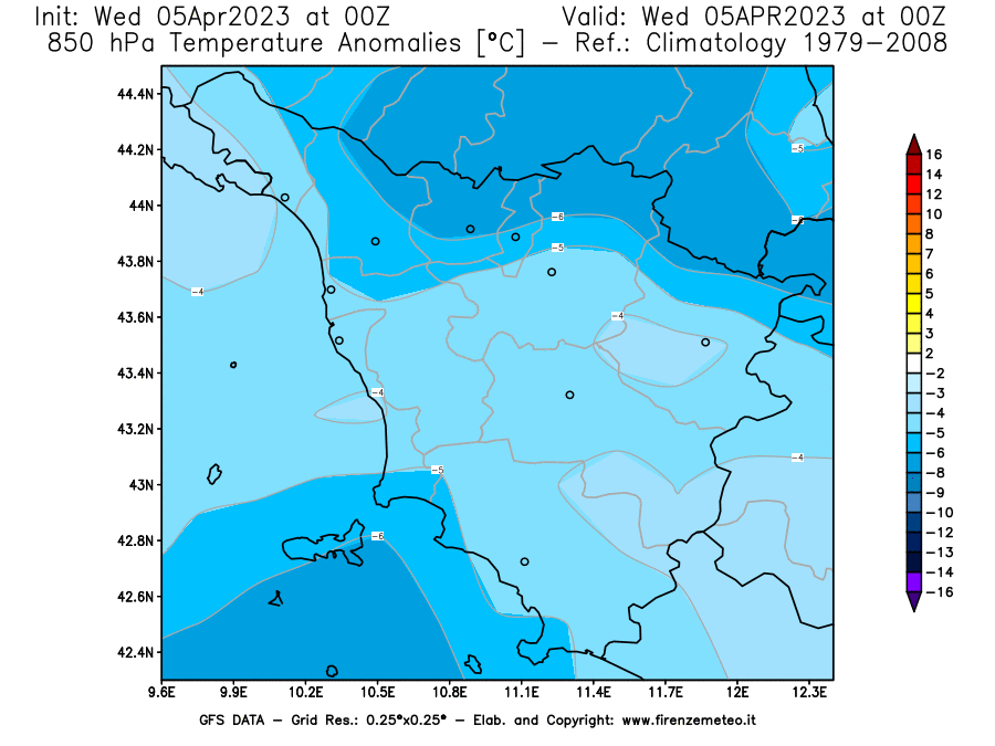 GFS analysi map - Temperature Anomalies [°C] at 850 hPa in Tuscany
									on 05/04/2023 00 <!--googleoff: index-->UTC<!--googleon: index-->