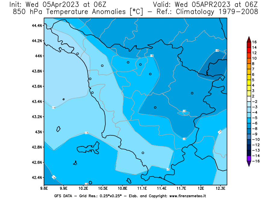 GFS analysi map - Temperature Anomalies [°C] at 850 hPa in Tuscany
									on 05/04/2023 06 <!--googleoff: index-->UTC<!--googleon: index-->