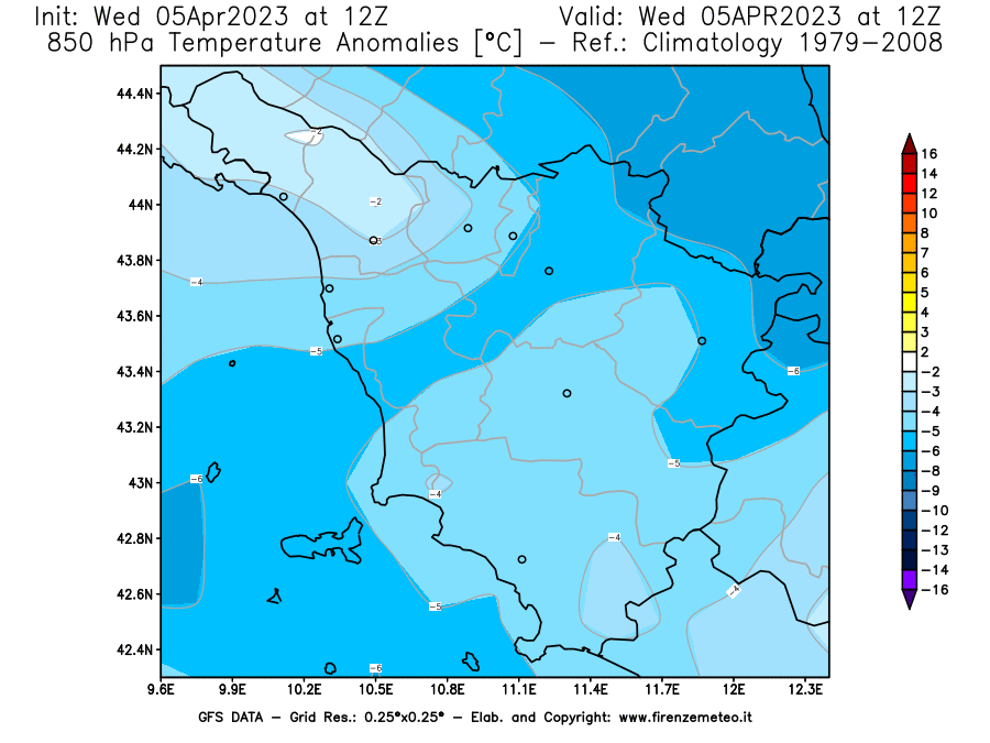 GFS analysi map - Temperature Anomalies [°C] at 850 hPa in Tuscany
									on 05/04/2023 12 <!--googleoff: index-->UTC<!--googleon: index-->
