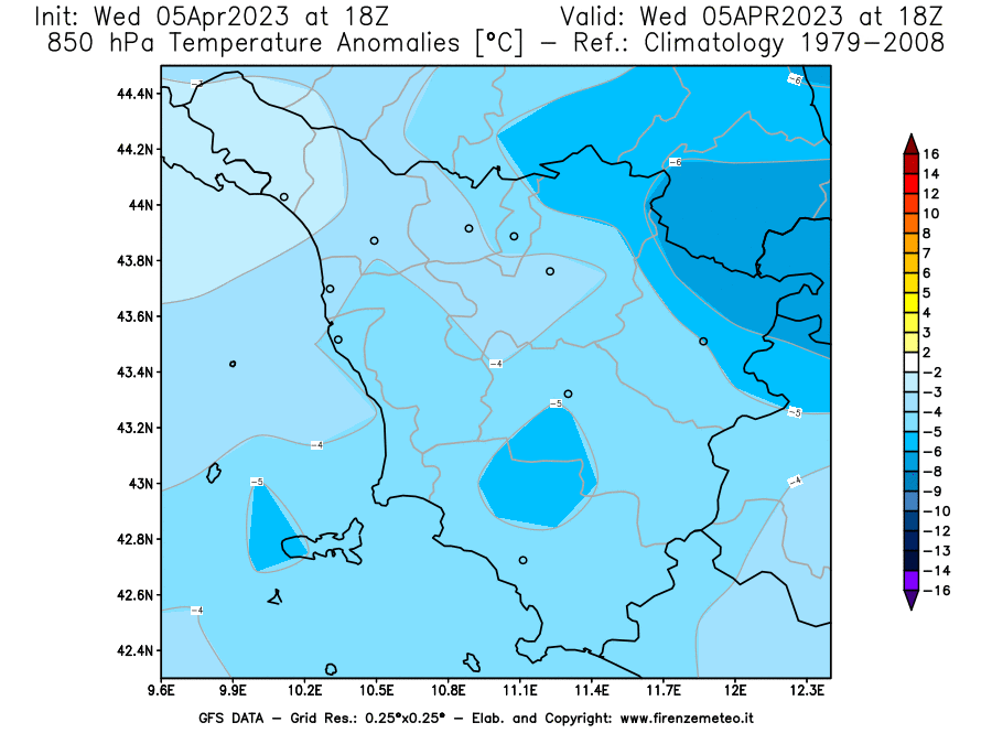 GFS analysi map - Temperature Anomalies [°C] at 850 hPa in Tuscany
									on 05/04/2023 18 <!--googleoff: index-->UTC<!--googleon: index-->