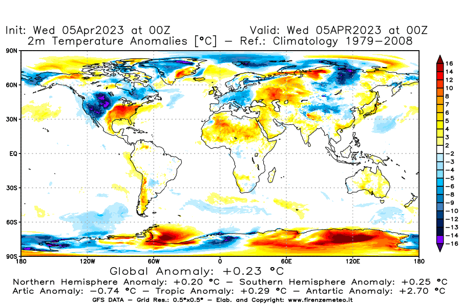 GFS analysi map - Temperature Anomalies [°C] at 2 m in World
									on 05/04/2023 00 <!--googleoff: index-->UTC<!--googleon: index-->