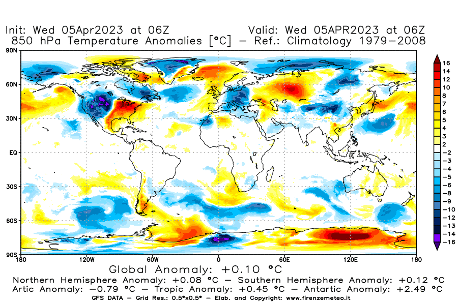 GFS analysi map - Temperature Anomalies [°C] at 850 hPa in World
									on 05/04/2023 06 <!--googleoff: index-->UTC<!--googleon: index-->