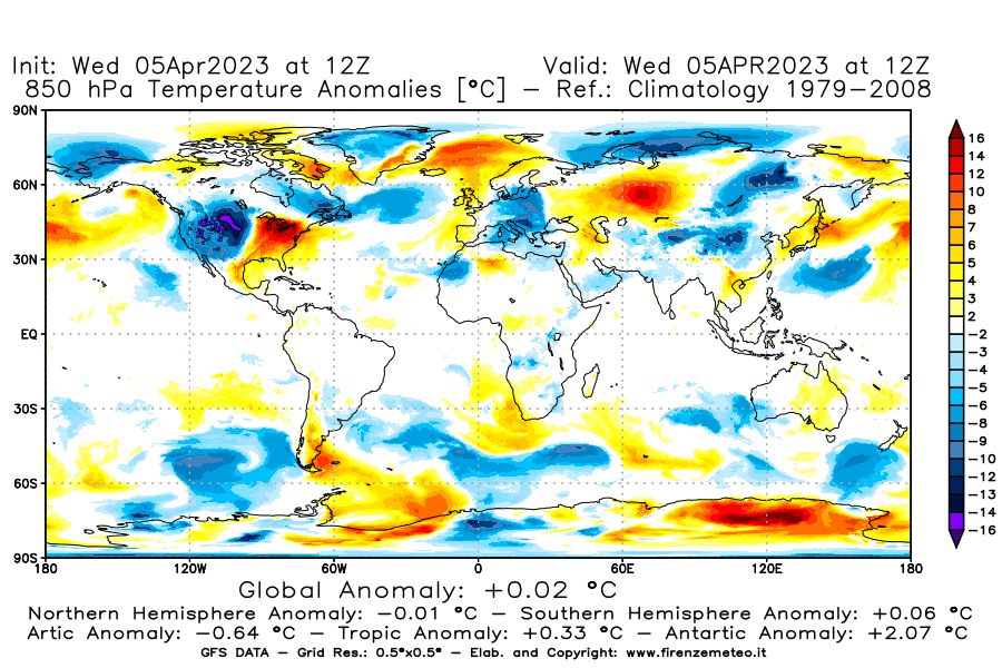 GFS analysi map - Temperature Anomalies [°C] at 850 hPa in World
									on 05/04/2023 12 <!--googleoff: index-->UTC<!--googleon: index-->