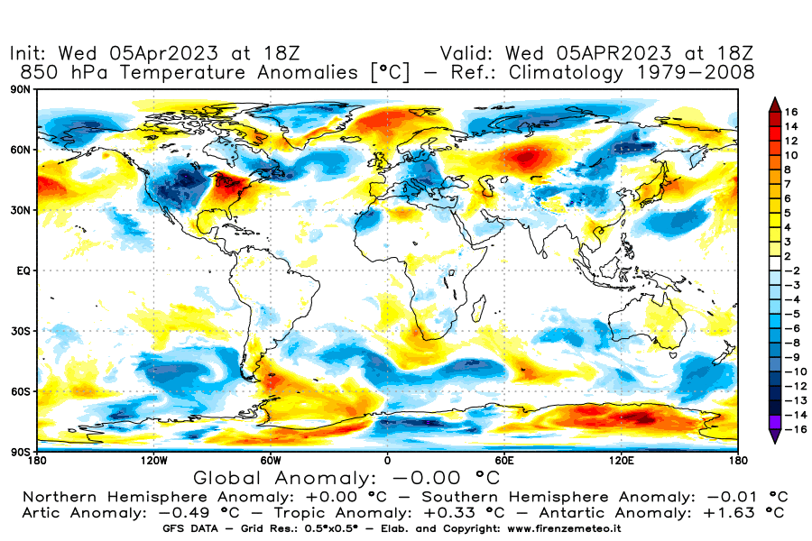 GFS analysi map - Temperature Anomalies [°C] at 850 hPa in World
									on 05/04/2023 18 <!--googleoff: index-->UTC<!--googleon: index-->