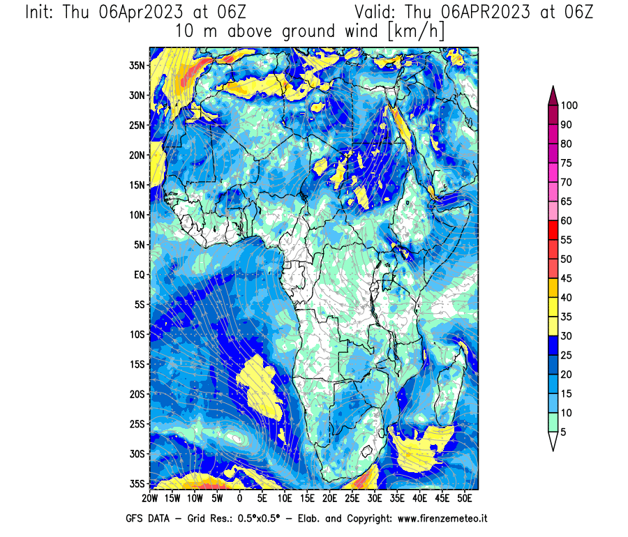 Mappa di analisi GFS - Velocità del vento a 10 metri dal suolo [km/h] in Africa
							del 06/04/2023 06 <!--googleoff: index-->UTC<!--googleon: index-->
